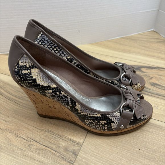 Sperry Top Sider 9 Snake Print Wedge Leather Peep Toe Heel Career Size 9.5 - Picture 1 of 8